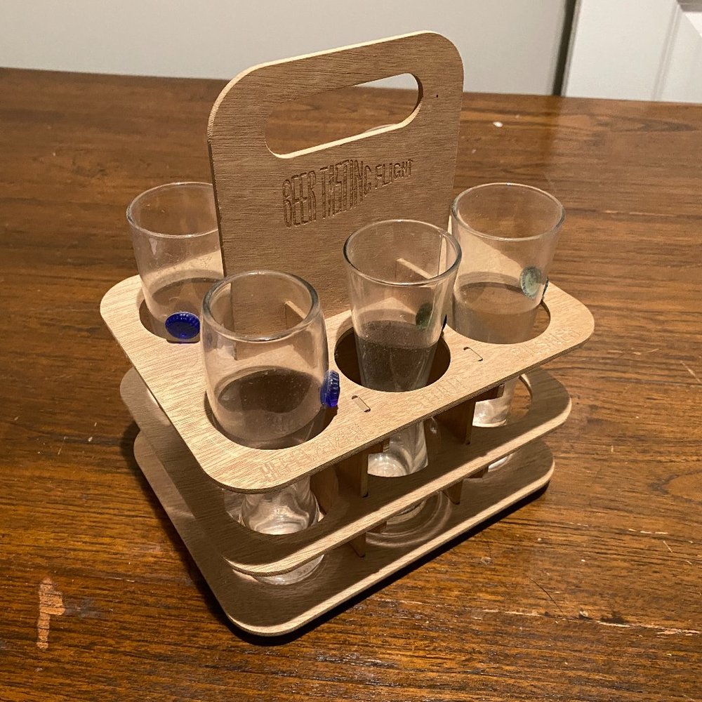 anthropologie beer flight - 6 glasses w/ wooden holder